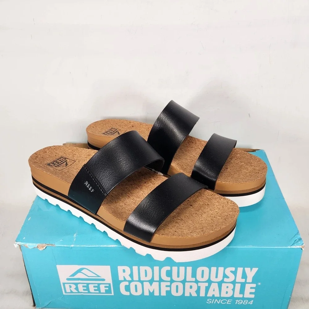 Reef Cushion Vista Hi Sandals Women Size 9 Black Platform Slide Strappy